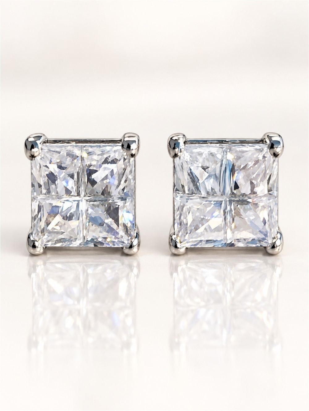 Princess Cut CZ Stud Earrings Silver Unique Panel Etching Design